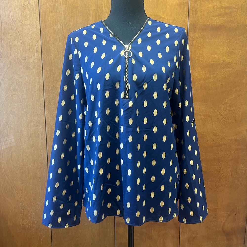 SHEIN Navy and Gold Polka Dot Blouse